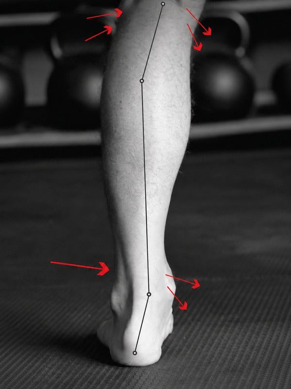 A lower leg on flat ground, the ankle rolling inward and the joint chain deviating from vertical